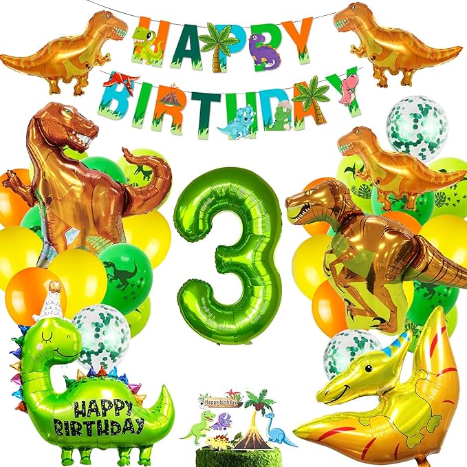Dinosaur Birthday Party Supplies for Boys and Girls - Decorations Include Foil Balloons, Banner, Cake Topper - 3 Year Old Theme