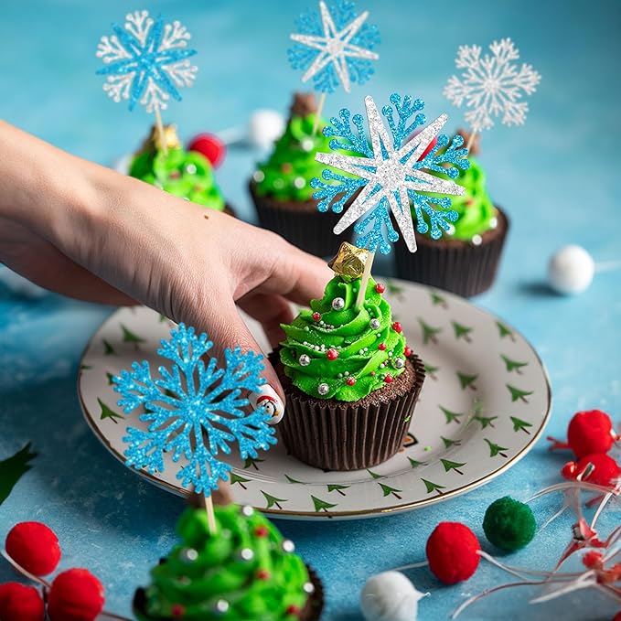 24Pcs Snowflake Cupcake Toppers Winter Frozen Winter Wonderland Cake Pick Decorations for Snowflake Theme Baby Shower Birthday Merry Christmas Party Supplies Blue