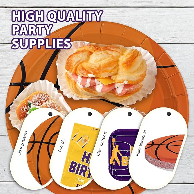 96Pcs Basketball Birthday Party Decorations Sports Themed Plates and Napkins Purple Yellow Basketball Disposable Paper Tableware Set for Kids Boys Men Birthday Party Supplies Serves 24