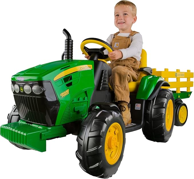Peg Perego John Deere Ground Force Extra-Large 12 volt Ride-On Tractor with Trailer & FM Radio, Durable Design for Kids Ages 3-7