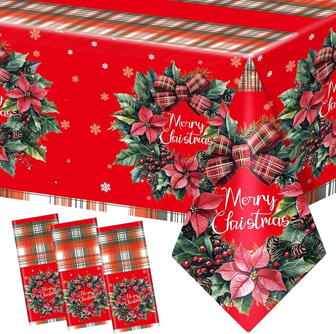 Plastic Christmas Tablecloth 54x108 Inch 3-Piece Set,Disposable Festive Red Poinsettia Pattern Holiday Dining Table Cloth for Christmas Party & Baby Shower Decorations