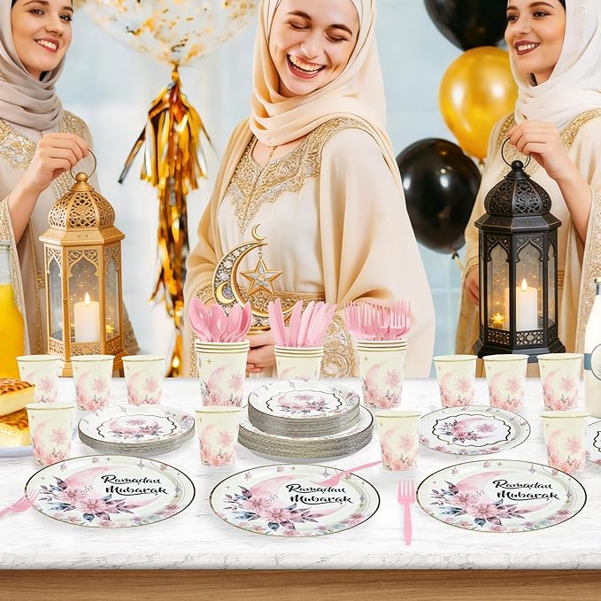 168Pcs Eid Ramadan Decorations Pink Watercolor Flower Lantern Moon Plates and Napkins Cups Forks Islamic Mubarak Decor Tableware Sets for Islamic Muslim Ramadan Mubarak Home Party Supplies Serves 24