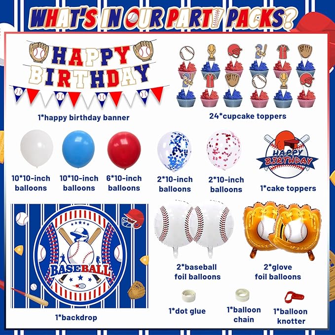 Baseball Birthday Party Decorations, 64 PCS Baseball Party Supplies Kit, Include Backdrop, Happy Birthday Banner, Balloons, Cupcake, Cake Toppers