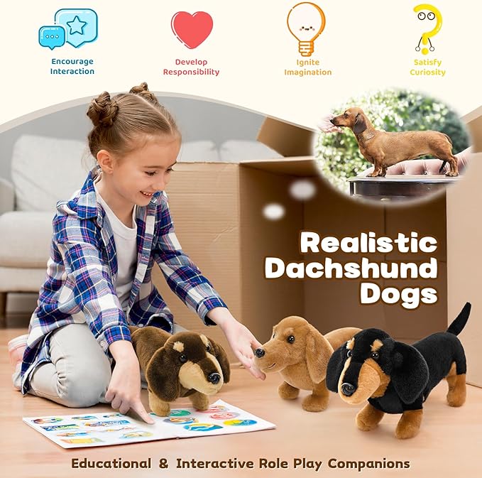 MorisMos 3 Packs Dachshund Stuffed Animals in Bulk,13'' Realistic Weiner Dog Toys for Kid Girl Boy Adult,Lifelike Weiner Dog Puppy Plushies,Bulk Small Stuffed Animal Dachshund Gifts for Birthday Party