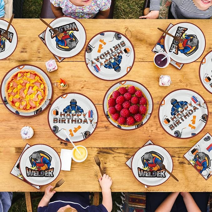 96 Pcs Electric Welding Birthday Party Decorations Welder Happy Birthday Plates and Napkins Disposable Electrician Theme Tableware for Welding Workers Repairman Party Supplies Serves 24