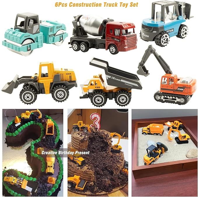 BenRich 6 Pcs Mini Die Cast Toy Set 1/64 Scale Alloy Construction Model Vehicles - Excavator, Dump Truck, Bulldozer, Forklift, Mixer Truck, Road Roller Toys Car for Boys Girls Birthday Present