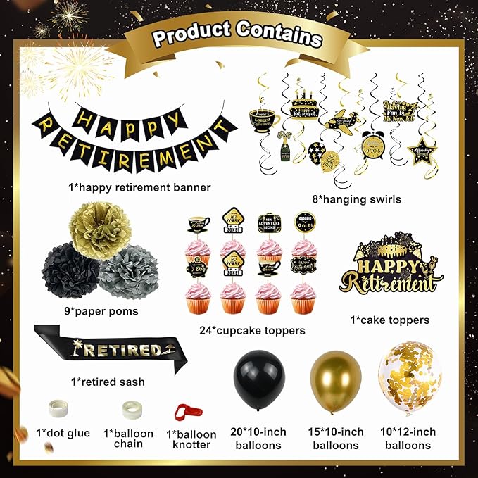 Retirement Party Decorations for Men Women, 92Pcs Black Gold Happy Retirement Decorations Include Balloons Retired Sash Banner Cake Toppers Hanging Swirls Paper Pompom Retired Party Supplies