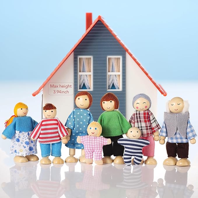 15 Pcs Wooden Dollhouse People with Movable Limbs, Doll House Family Figures for Educational Pretend Play