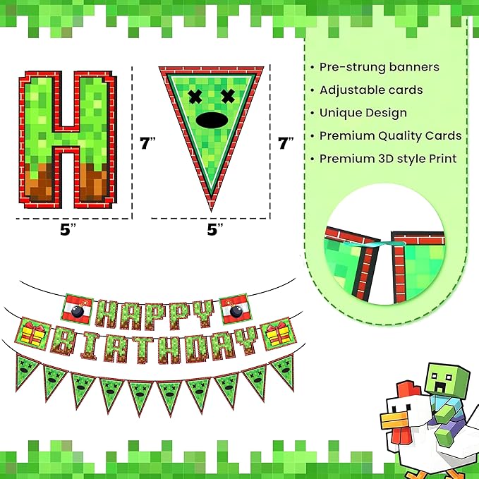 IndoTribe Pixel Happy Birthday Banner Pre-strung - 10ft Pennant Banner Flag Video Game Birthday Decorations Miner Backdrop Gaming Birthday Party Decorations Gamer Party Decorations