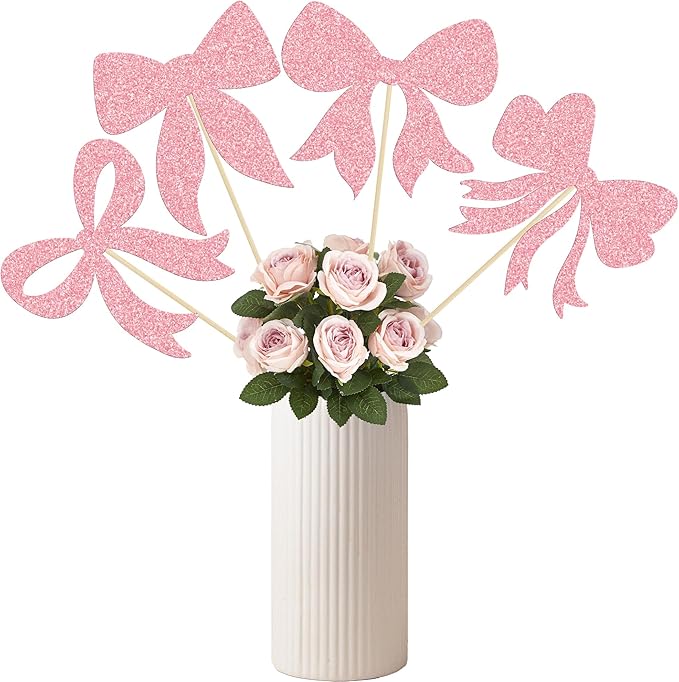 Gyufise 12Pcs Bow Centerpiece Sticks Birthday Bowknot Ribbons Coquette Table Flower Centerpieces Sticks Bow High Footed Party Decorations for Bridal Shower Birthday Wedding Party Supplies Pink