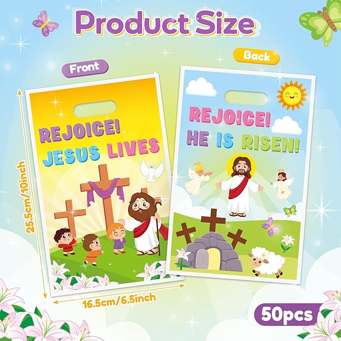 Easter Religious Party Favor Bag - 50Pcs He is Risen Rejoice Goodie Treat Candy Gift Bags Christian Cross Jesus Lives Party Supplies for Spring Easter Bible Sunday School Jesus Birthday VBS Church