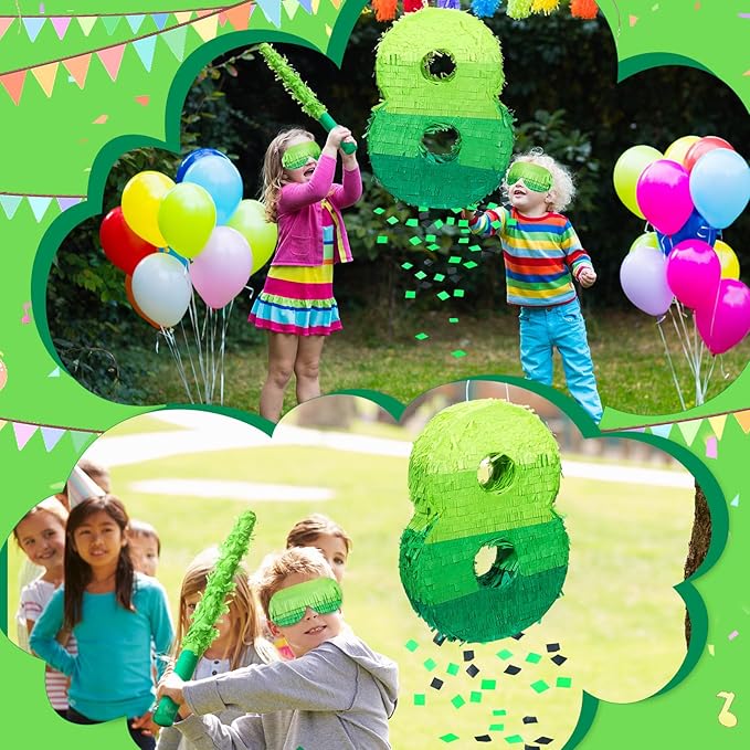 Number Piñata Decorations 16 Inch Gradient Green Piñata with Blindfold Stick and Confetti for Birthday Baby Shower Safari Jungle Themed Party Supplies Centerpiece(Number 8)