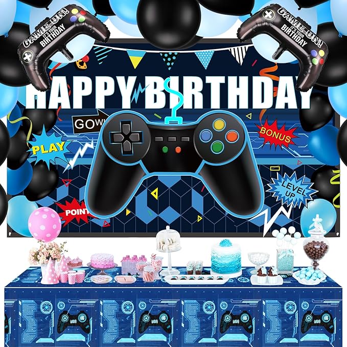 Skylety 34 Pieces Gamer Birthday Decorations Video Game Party Supplies Set Including Happy Birthday Gamer Backdrop, Table Covers, Multi-color Balloons and Foil Balloons for Game Party Decoration