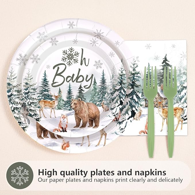 200Pcs Baby It's Cold Outside Plates and Napkins Disposable Winter Onderland Baby Shower Decorations Winter Snowflake Animals Woodland Tableware Sets for Girl Boy Shower Birthday Supplies Serves 50