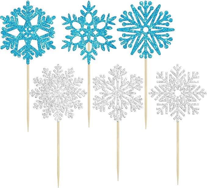 36Pcs Snowflake Cupcake Toppers Glitter Winter Frozen Theme Snowflake Cupcake Pick Decorations for Baby Shower Kids Birthday Christmas Party Decorations Supplies Blue Silver