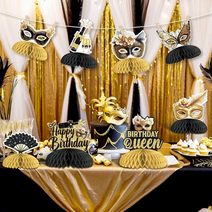 JOYMEMO 8 Pieces Masquerade Birthday Honeycomb Centerpieces Black Gold - Masquerade Ball Themed Party Decorations for Women, Carnival Dance Table Toppers Photography Background Supplies