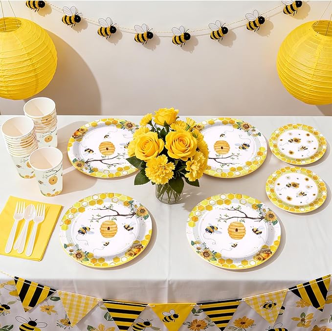 168Pcs Bee Birthday Party Decorations Bumble Bee Party Supplies Include Plates, Cups, Napkins, Forks,Honey Bees Tableware Sets for Girls Boys Baby Shower Gender Reveal Bees Day Decorations Serves 24 ﻿