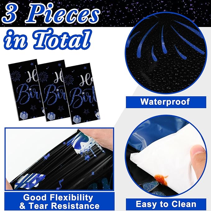 Tudomro 3 Pcs Happy Birthday Tablecloths Happy Birthday Party Decorations Plastic Table Cover Rectangular Cloths for Women Men Baby Shower Party Supplies, 108 x 54 Inch (Black Blue)