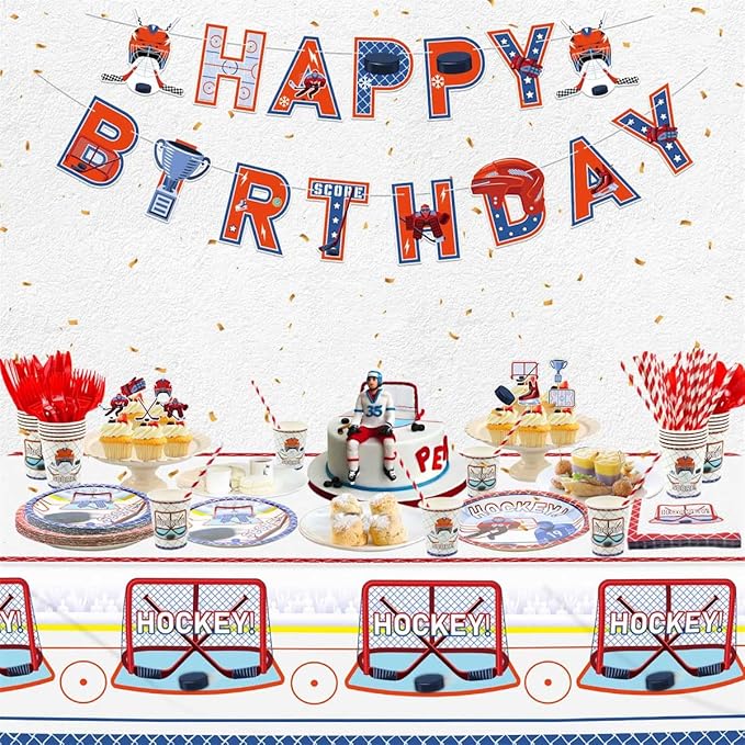 Hockey Theme Party Supplies - 61 Pcs Hockey Plates Napkins Tablecloth Set, for Kid's Hockey Fans Birthday Gameday - Serves 20