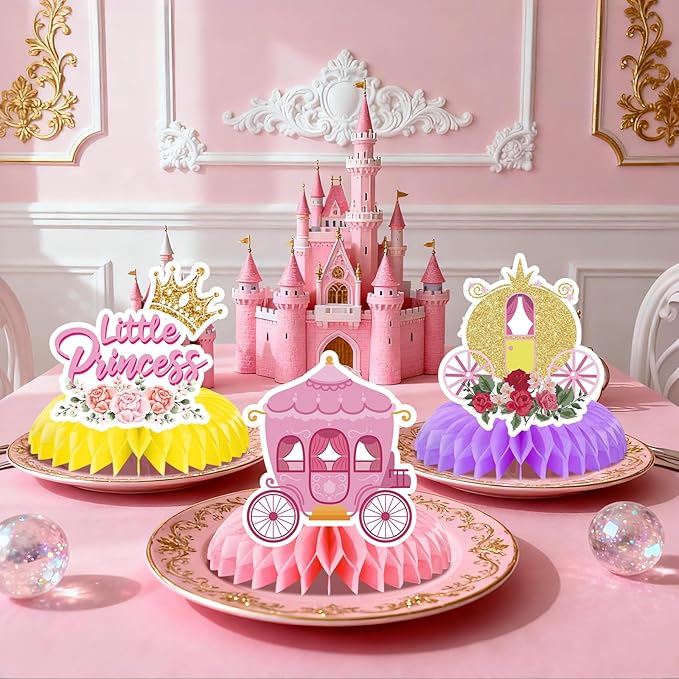 9 Pcs Princess Carriage Party Honeycomb Centerpieces 3D Cardboard Floral Princess Table Centerpieces Carriage Birthday Party Decorations Table Topper for Girls Birthday Baby Shower Party Supplies