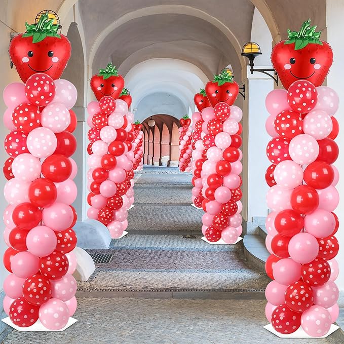 2 Sets Strawberry Party Balloon Column Stand Kit With 102 Sweet 1st Strawberry Foil Balloons 5.57Ft Adjustable Balloon Tower Stand With Base Adjustable Arch Column for Girl Birthday Baby Shower Supply