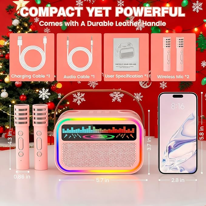 Mini Karaoke Machine Toys for Kids Girls, Tnvee Portable Bluetooth Speaker with 2 Wireless Microphones, Funny Birthday Gifts for Girls Ages 3, 4, 5, 6, 7, 8, 9,10,11,12+ Years Old Toddler - Pink