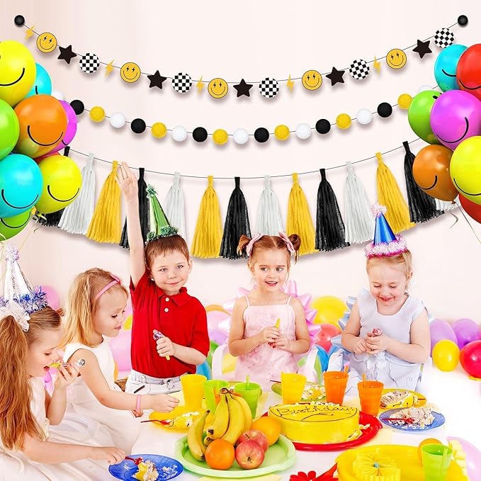 53 Pcs One Happy Dude Birthday Decorations 1st Birthday Paper Tassel Banners Lightning Smile Face Garland Decoration Two Cool High Chair Banner for One Happy Dude Party Favors Supplies