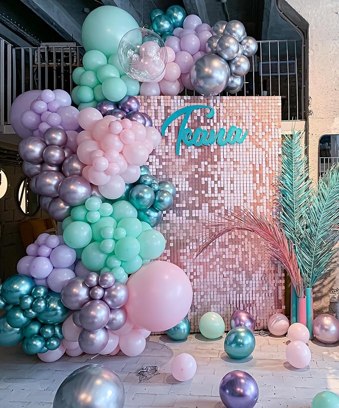 Mermaid Balloons, 12 Inches Purple and Green Balloons Teal Purple White Metallic Confetti Green Purple for Girls Mermaid Birthday Party Decoration Baby Shower Under The Sea Party Decorations