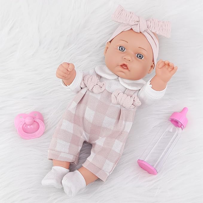 Ecore Fun 12" Baby Doll and Clothes Accessories Playset - 6 Pcs 12 Inch Doll with Pink Romper Outfit, Headband, Socks, Pacifier, Bottle | Gift Ready in Box