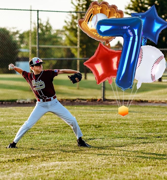 Baseball Balloons 7th Birthday Decorations for Boys | Baseball Birthday Decoration Sports Theme Party Supplies, 32Inch Foil Mylar Number 7 Balloon Navy Blue Red White Sports Balloon Arch Kits