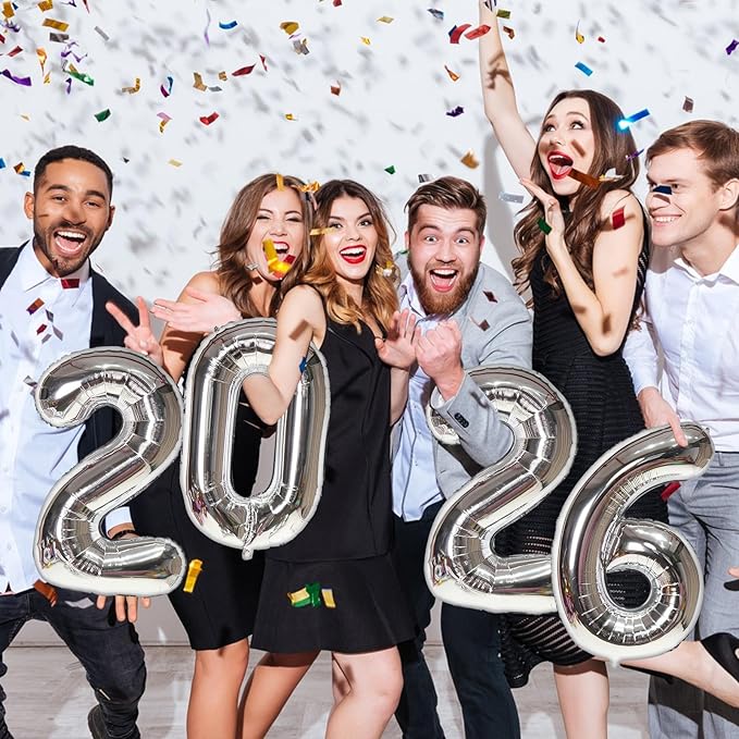 KALOR 16 Inch 2026 Silver Foil Number Balloons, 2026 New Years Decorations for 2026 Happy New Year Eve and Graduations Party Supplies