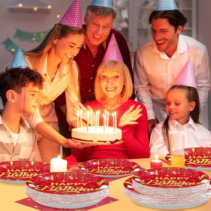 Grencian 96PCS Red and Gold Happy Birthday Decorations Red Gold Party Plates and Napkins Disposable Paper Tableware Set for Birthday Chinese New Year Wedding Party Supplies, Serves 24
