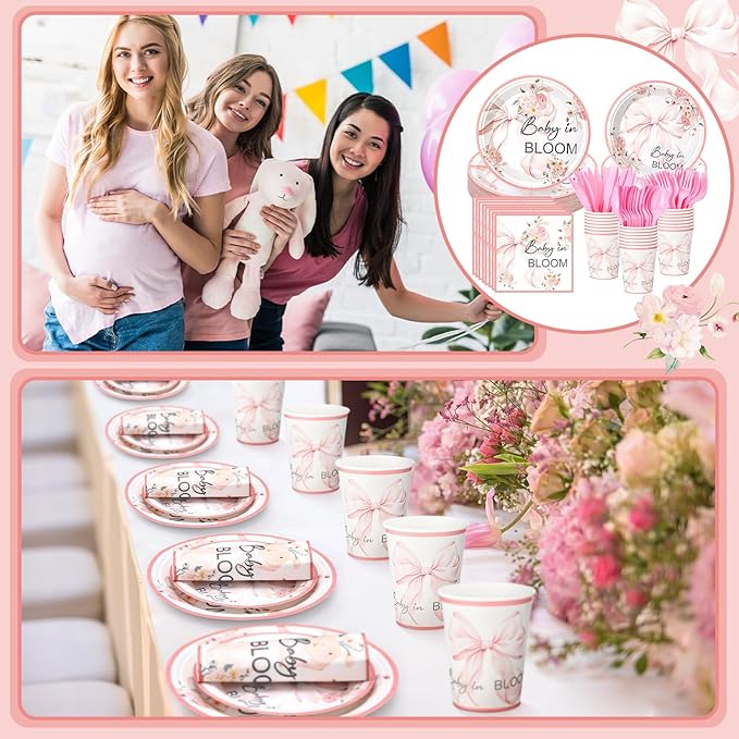 24 Set Baby in Bloom Wildflower Floral Party Tableware Set for Baby Shower Girl Birthday Decorations Coquette Pink Girl Bow 9" 7" Paper Plates Cups Napkins Party Supplies Dinnerware