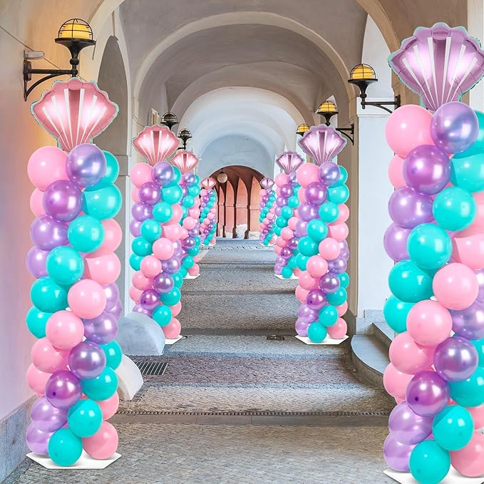 2 Sets Mermaid Party Balloon Column Stand Kit with 102 Balloons Beach Mermaid 5.57ft Adjustable Balloon Tower Stand with Bases Sea Shells Balloons Arch Column for Girl Princess Birthday Party Supplies