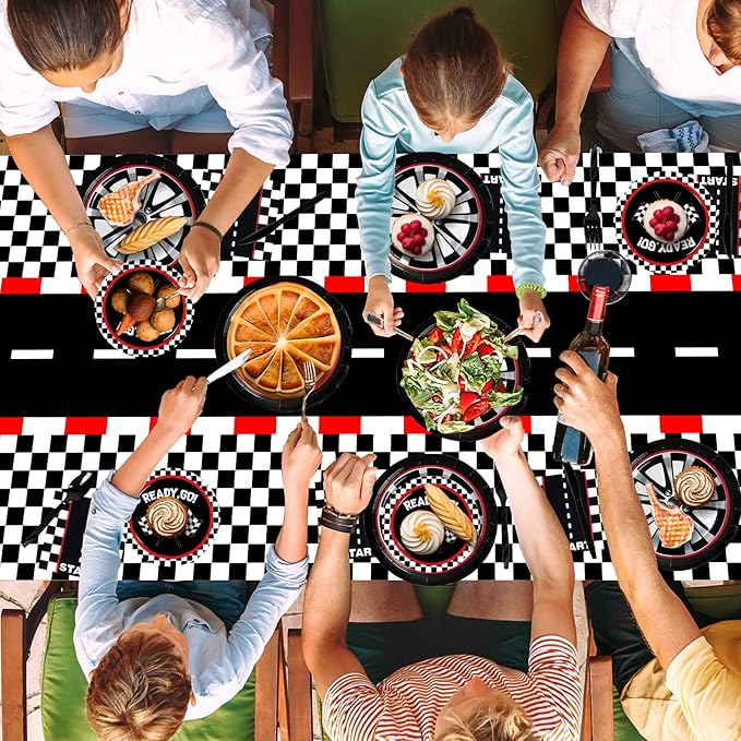 WNINK 4 Pack Racing Car Theme Rectangular Plastic Tablecloths, Car Disposable Table Covers 54" x 108" Black Checkered Flag Table Cloths for Race Car Birthday, Outdoor Picnic Parties Decorations