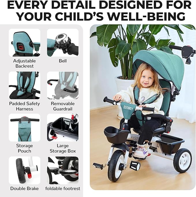 Toddler Tricycle with Push Handle, 7 in 1 Stroller Trike with 360° Swivel Seat, Reclining Backrest, All-Terrain Wheels, Dual Brakes, Canopy & Storage, Gift for Kids 18 Months to 5 Years, Green
