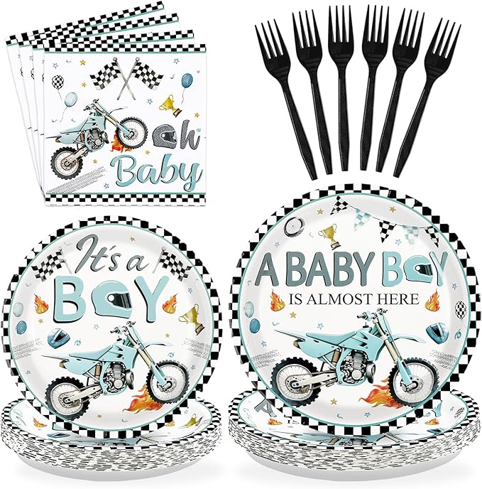 96Pcs Motorcycle Birthday Party Decorations Dirt Bike Motocross Plates and Napkins Tableware Set Watercolor Motorbike Decorations Favors for Boys Kids Baby Shower Birthday Party Supplies Serves 24