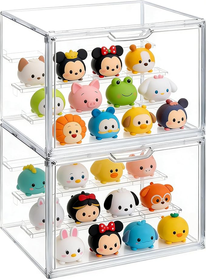 Clear Acrylic Display Case 2 Pack, Stackable 4-Tier Figure Showcase with 3 Movable Shelves, Interlocking Edges & Magnetic Door for Action Figures