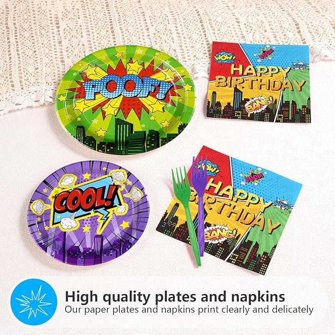 96Pcs Super Theme Hero Party Decorations Colorful Comic Hero Plates and Napkins Dessert Tableware Sets Super Theme Hero Birthday Decorations Favors for Kids Baby Shower Spider Party Supplies Serve 24