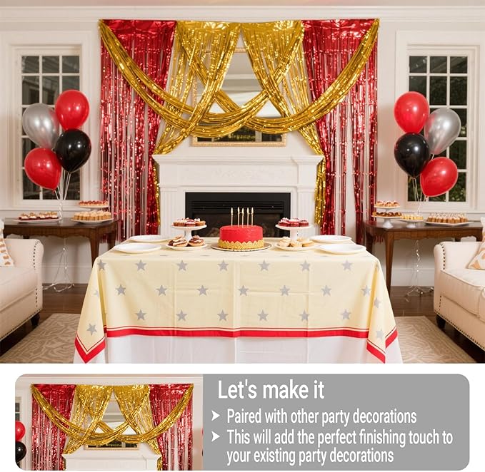 3 Packs Red Gold Foil Fringe Curtains Extra Wide 9.9ft for Birthday Party Tinsel Backdrop Movie Night Decor Farewell Party Streamer,Retirement Decorations, Backdrop for Graduations Each 3.3 x 6.5 ft