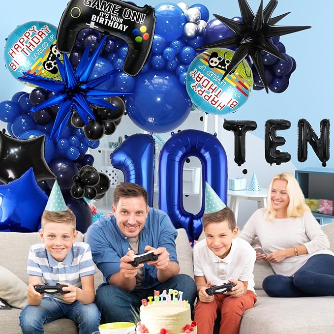 11pcs Video Game Themed Party Decorations, Number 10th Boys Birthday Party Supplies, Navy Blue Video Game Controller Mylar Foil Balloon, Video Game Party Decoration Supplies