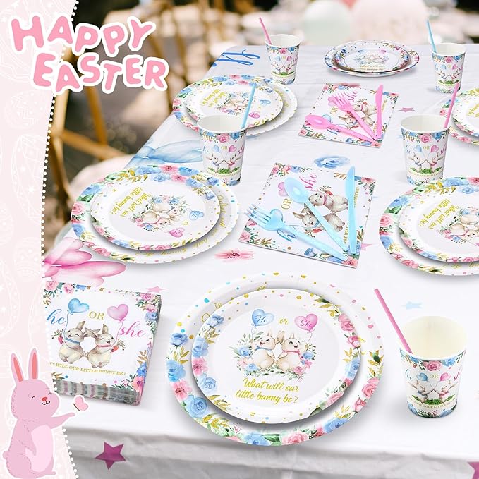 Yungyan 231 Pcs Easter Bunny Gender Reveal Party Supplies, Serve 25, Easter Baby Shower Tableware Paper Plates Tablecloth Cups Napkins Straws and Napkins for Birthday Tableware Table Party Favors