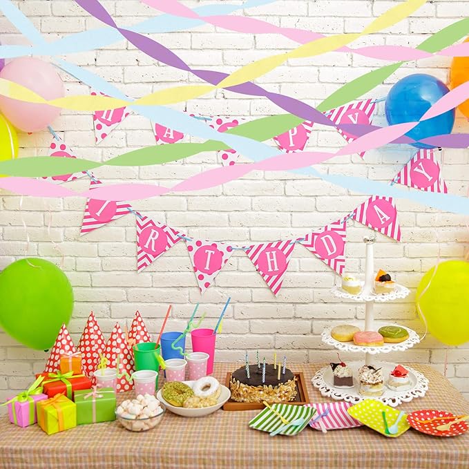 Pastel Birthday Decorations, Crepe Paper Streamers Party Decorations (5 Rolls)- Pastel Pink, Purple, Blue, Yellow, Green Multicolor Paper Crafts for for Women, Girls- Fancy Rainbow Theme Hanging Décor