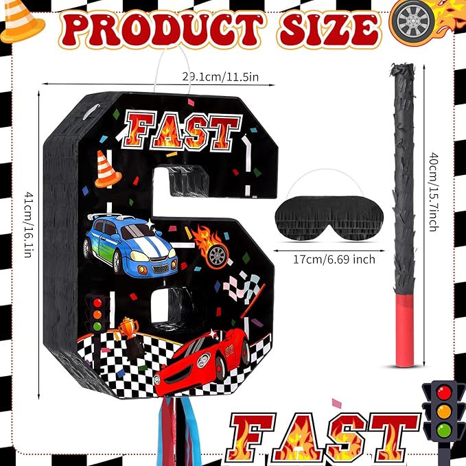 Race Car Piñata Pull String Cars Piñatas for Birthday Party Decorations Number 2 3 4 5 6 with Blindfold Stick Small Red Black Racing Theme 2nd 3rd 4th 5th 6th Party Supplies