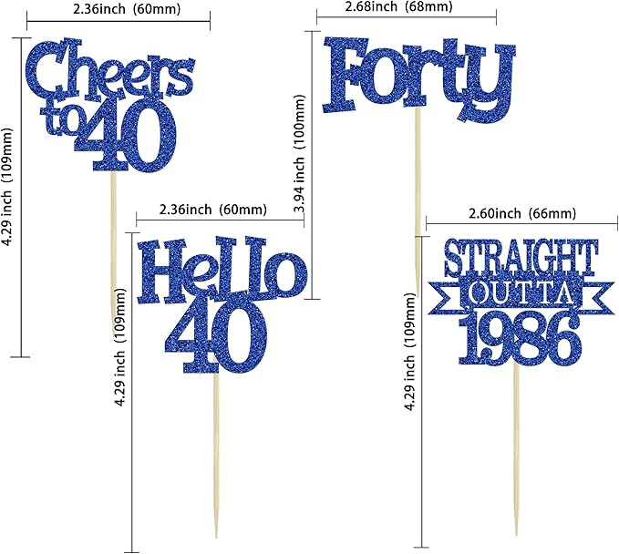 Ephlyn 24Pcs Happy 40th Birthday Cupcake Toppers Glitter Forty Straight Outta 1986 Cupcake Picks Hello 40 Cheers to 40 Years Birthday Cake Decorations for 40th Birthday Anniversary Party Supplies Blue