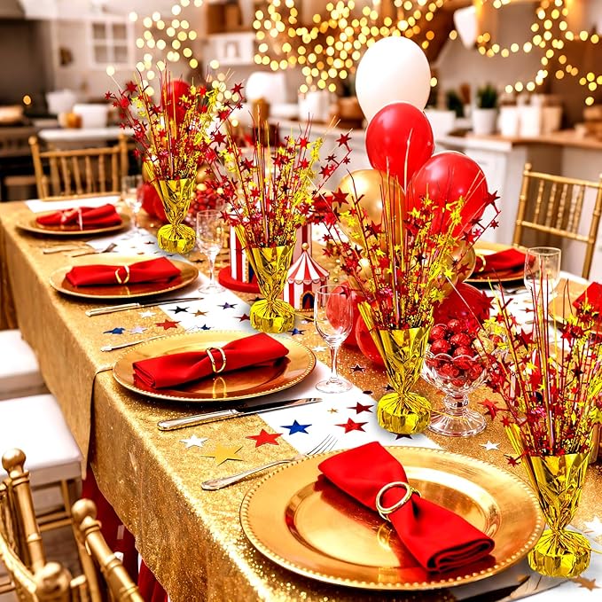 6 Pack Metallic Foil Spray Table Centerpiece Decoration Star Brust Glitter Table Topper Decor for Birthday Circus Casino Graduation Christmas New Year's Eve Party Supplies Red Gold