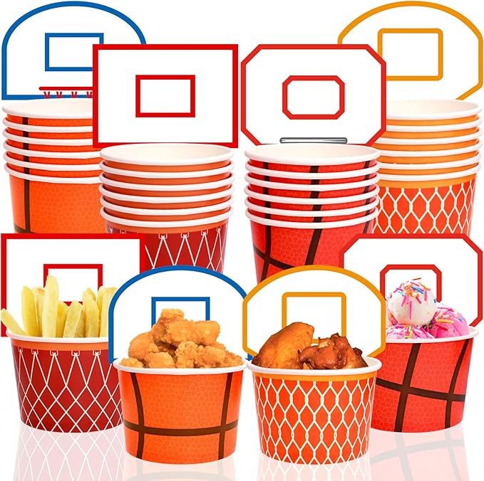 WorldBazaar Basketball Party Supplies Kids 24 Sets Basketball Hoop Snack Cups Paper Snacks Bowl Disposable Ice Cream Bowls Basketball Party Decorations