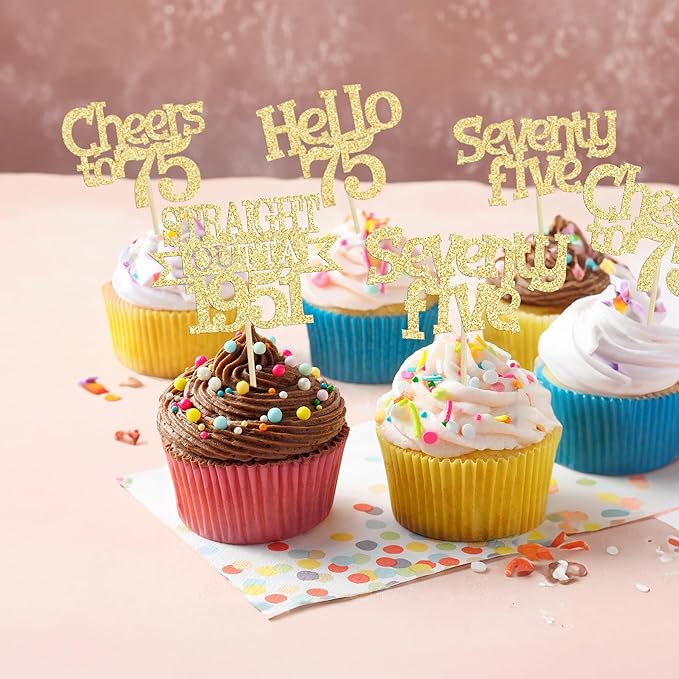 Ephlyn 24Pcs 75th Birthday Cupcake Toppers Glitter Straight Outta 1951 Cupcake Picks Hello 75 Cheers to 75 Years Cake Decorations for 75th Birthday Anniversary Party Decorations Supplies Gold