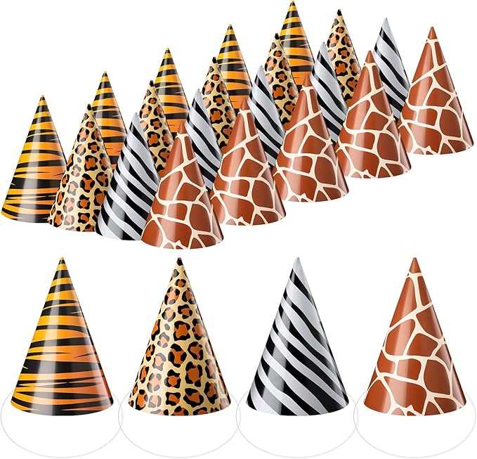 Spiareal 24 Pieces Safari Party Hats Jungle Animal Safari Theme Cone Paper Hats for Kids Zoo Birthday Party Supplies Favor