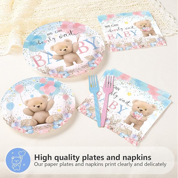 96Pcs Bear Baby Shower Party Decorations Pink Blue Boho Bear Birthday Plates and Napkins Tableware Sets for Girls Boys Baby Shower Gender Reveal Fall Wedding Birthday Holiday Party Supplies Serves 24